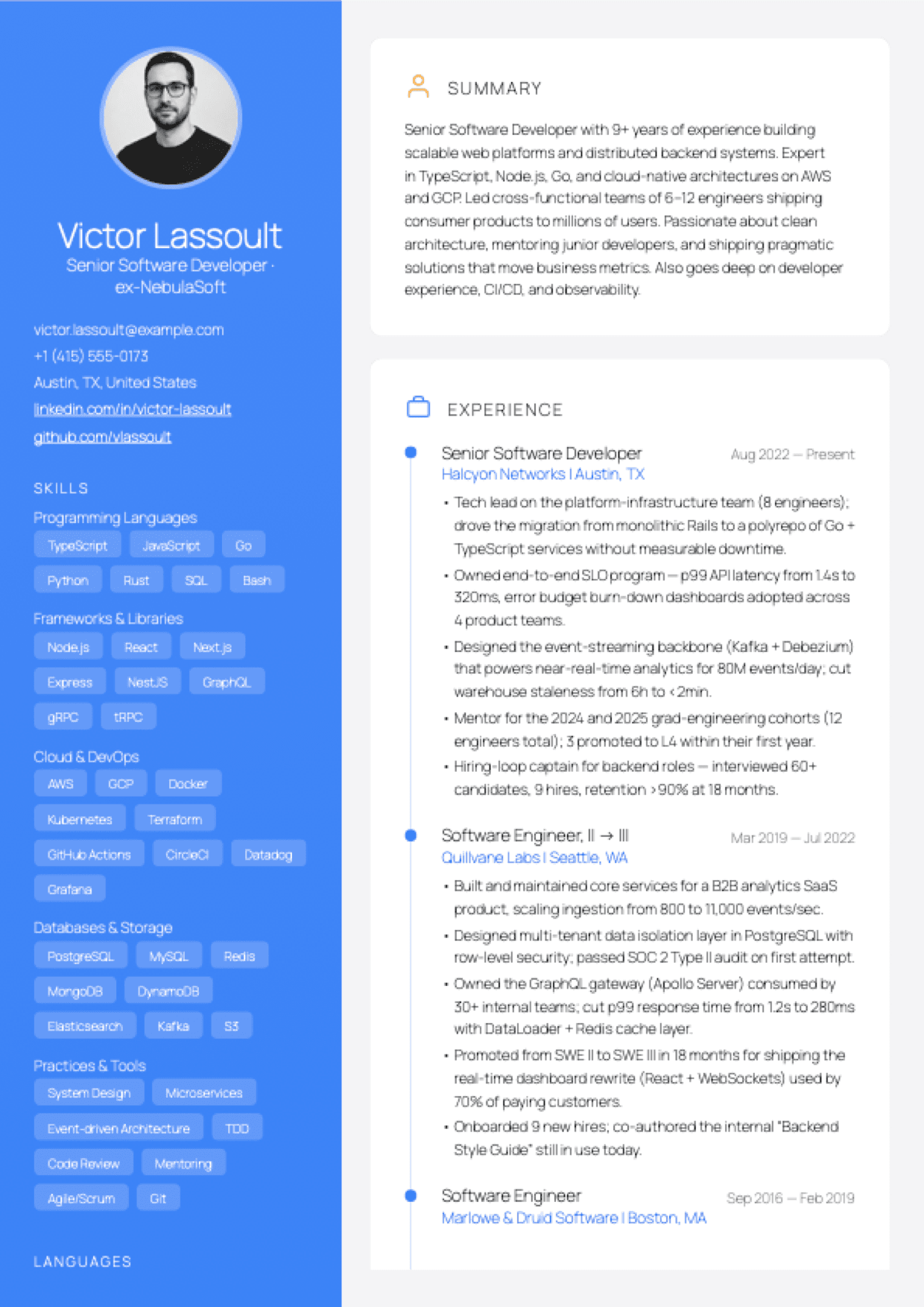 Aurora — vivid gradient sidebar with avatar and chip-style skills, card-based right column with timeline experience