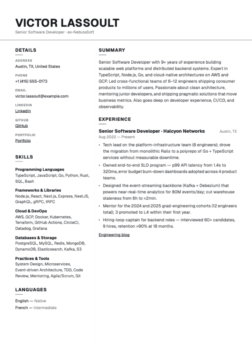 Sidebar Mono resume template preview