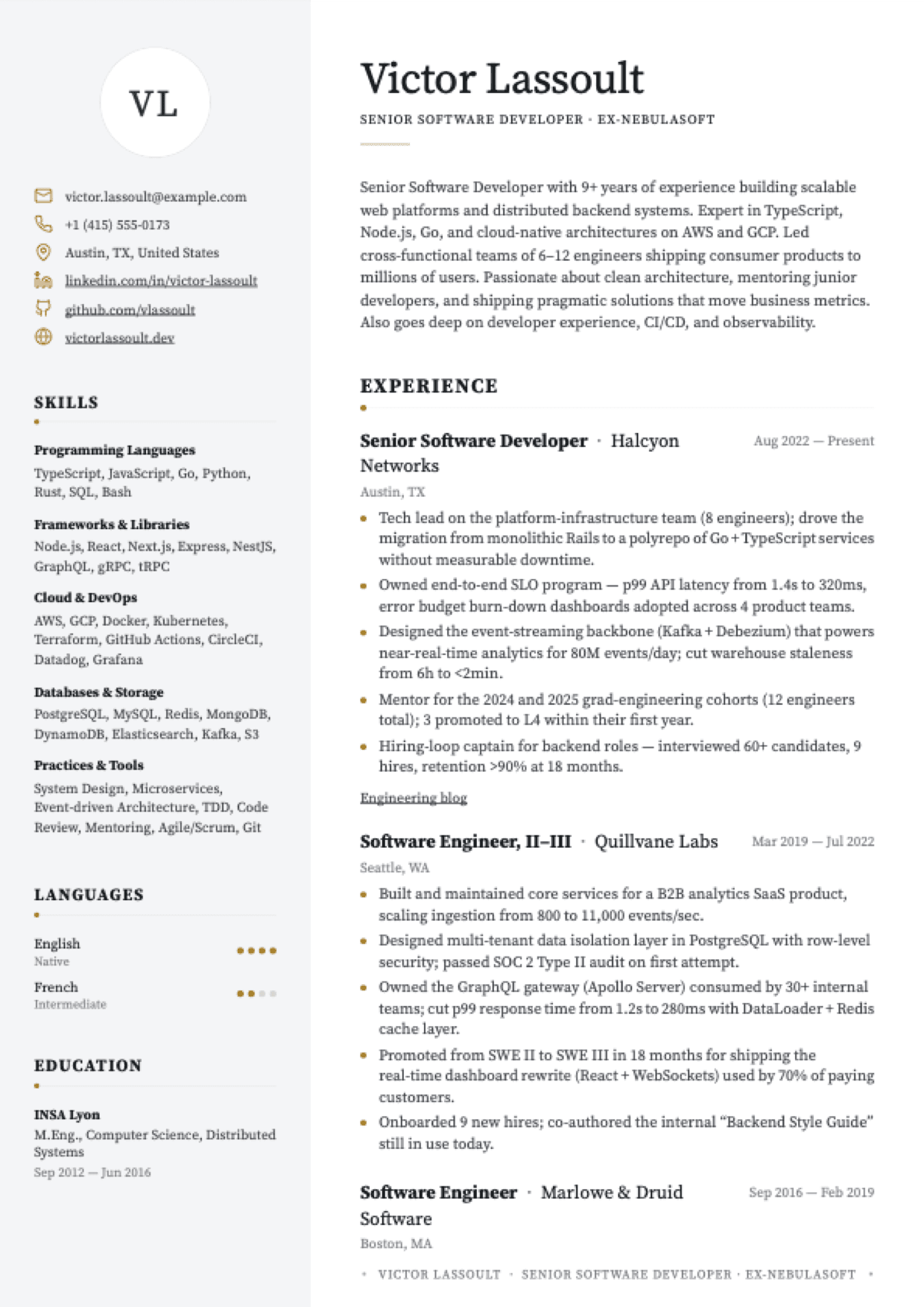 Resumap resume preview — Premium Editorial template, Victor Lassoult Senior Software Developer