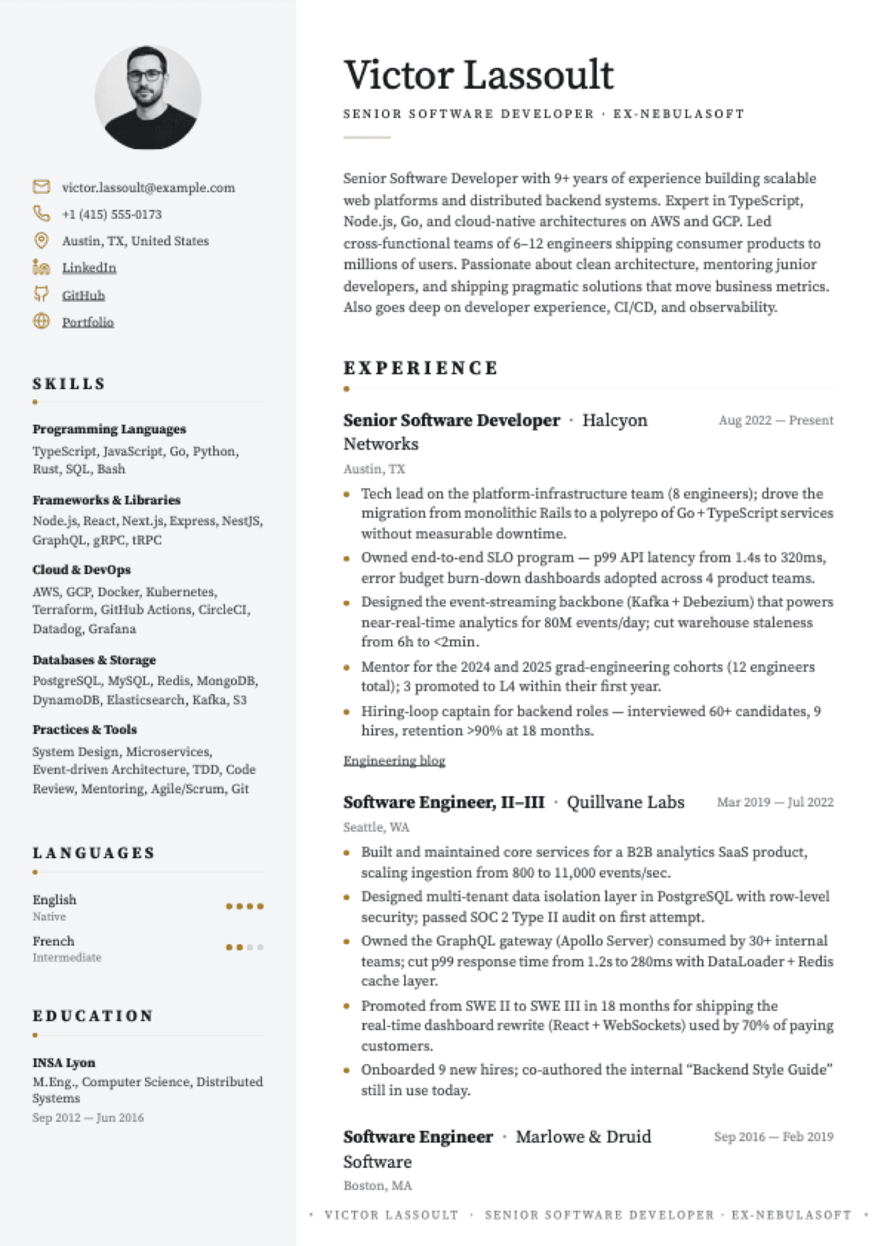 Resumap CV preview — Premium Editorial template, Victor Lassoult Senior Software Developer