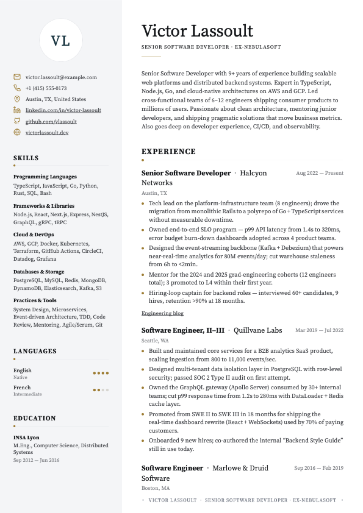 Premium Editorial template with gold accent — example resume rendered from our canonical demo resume