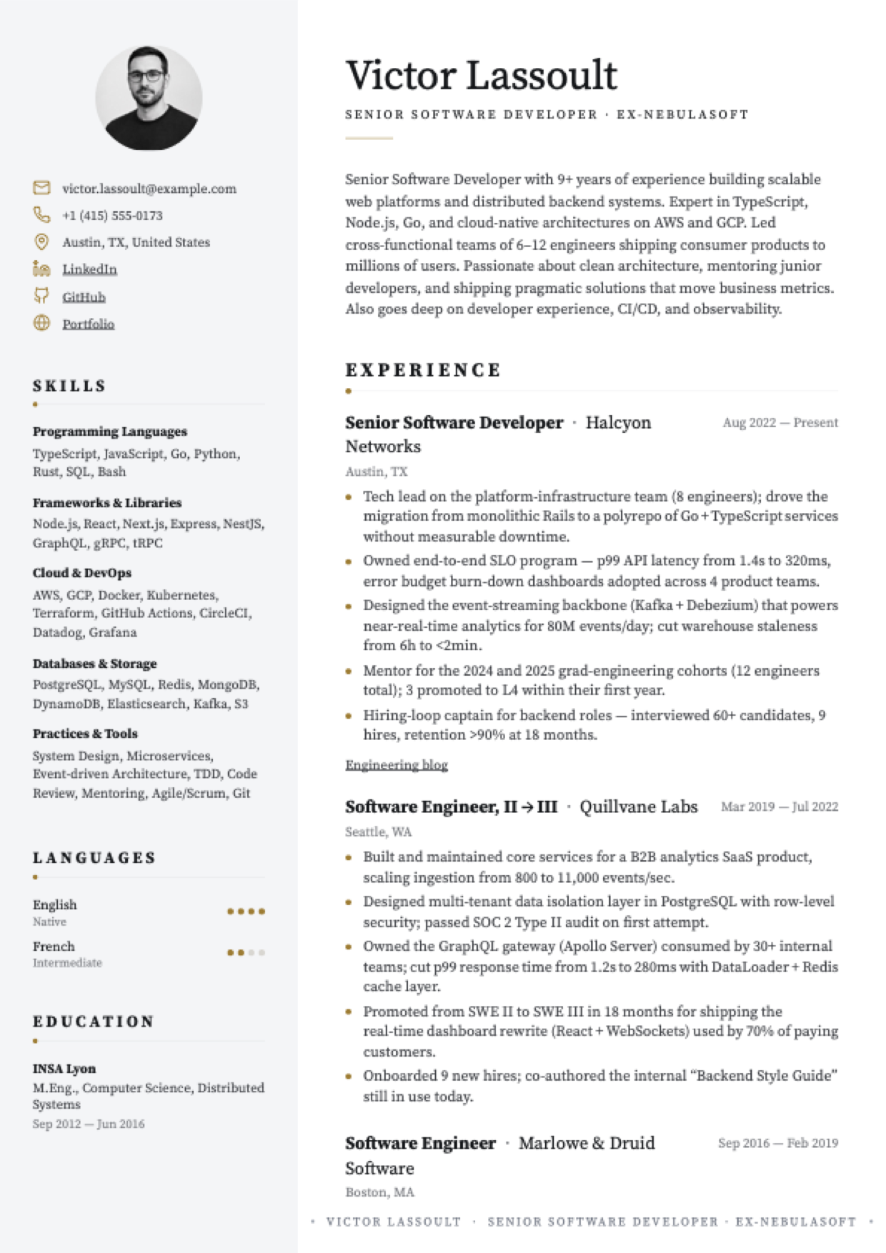 Premium Editorial template with gold accent — example resume rendered from our canonical demo CV