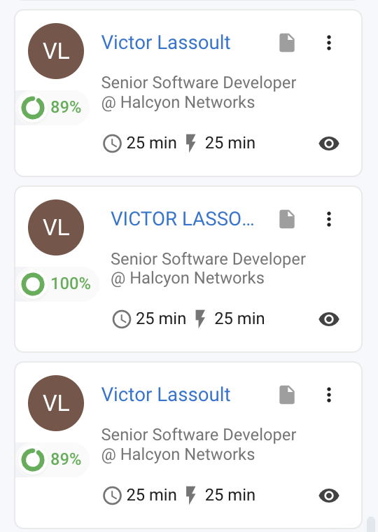 ATS candidate cards during the evidence-tuned run showing AI match scores of 89%, 100% and 89% for the fictional test persona