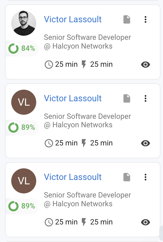 ATS candidate cards during the evidence-tuned run showing AI match scores of 84%, 89% and 89% for the fictional test persona